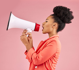 Image showing Black woman, megaphone or announcement in studio on pink background for freedom of speech, noise and breaking news. Female model, shouting and voice for attention, audio speaker and broadcast opinion