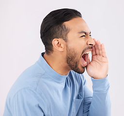 Image showing Hands, screaming and angry asian man in studio with announcement, message or warning on grey background. Noise, news and shouting Japanese guy with deal, sale or coming soon promotion, speech or info