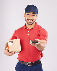 Image showing Happy man, portrait and box with pos for payment, delivery or ecommerce against a grey studio background. Male person smile in supply chain, logistics or courier service with package and card machine