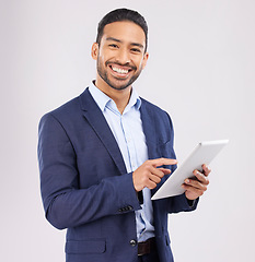Image showing Portrait, asian man and business tablet in studio for planning research, trading data or stock market information. Happy male trader scroll on digital tech to financial connection on white background