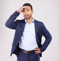 Image showing Business man, stress and confused in studio for anxiety, debt and stock market crash for fail economy. Asian male worker thinking of bankruptcy problem, doubt and financial crisis on white background