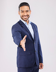 Image showing Happy businessman, portrait and handshake for introduction, greeting or meeting against a grey studio background. Asian man shaking hands for business opportunity, hiring or deal in team agreement
