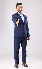 Image showing Happy businessman, portrait and handshake for meeting, introduction or greeting against a grey studio background. Asian man shaking hands for business opportunity, hiring or deal in team agreement