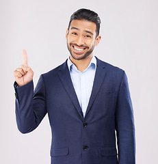 Image showing Confused, pointing and portrait with business man in studio for idea, advertising and news. Question, space and announcement with person on white background for promotion, mockup and information