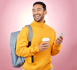 Image showing Backpack, phone and happy man or student thinking of university, college and e learning results on pink background. Scholarship, education and asian person with bag, coffee and mobile chat in studio