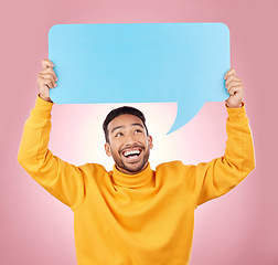 Image showing Speech bubble, wow and man or student presentation, news or announcement for college opportunity. Excited, quote and information of happy person for university communication on studio pink background