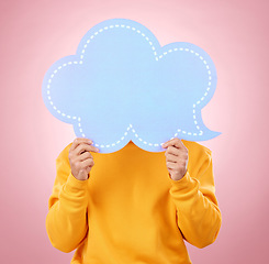 Image showing Speech bubble, thinking and person presentation, chat or social media forum for college opportunity. Ideas, information and student for university FAQ or did you know mockup on studi0 pink background