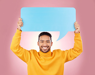 Image showing Speech bubble, voice and man or student presentation, news or announcement for college opportunity. Portrait, information and happy person, university FAQ or communication on studio, pink background