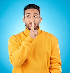 Image showing Secret, man and finger on lips for privacy, confidential information or sign with hand to whisper, gossip or quiet voice. Announcement, emoji or person for communication, noise or silence of sound