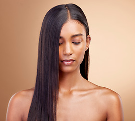 Image showing Woman, hair care and face with natural beauty, skincare or cosmetics for skin to glow, shine or collagen for healthy texture and growth. Haircare, model and mockup of girl with results from treatment