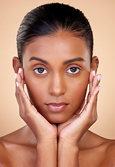 Image showing Portrait, skincare and beauty with indian girl for dermatology with glow in brown studio background. Natural, face and healthy skin with cosmetics or spa treatment for self care in mock up for shine.