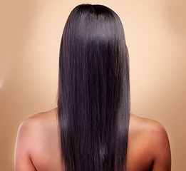 Image showing Back view, hair and woman, beauty and shine with cosmetic care isolated on brown studio background. Female model, haircare and growth, cosmetology and texture with growth and salon hairstyle glow