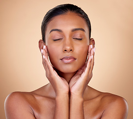 Image showing Relax, skincare or woman with wellness, beauty or natural facial glow with dermatology cosmetics in studio. Eyes closed, background or face of Indian girl model resting with shine or self love