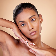 Image showing Skincare, beauty and portrait with indian girl for glow or self care in brown studio, background. Dermatology, girl and natural cosmetic with spa treatment for luxury facial in mock up for wellness.