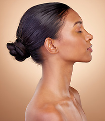 Image showing Relax, skincare or profile of woman with natural beauty or facial glow with dermatology cosmetics in studio. Eyes closed, wellness or zen Indian girl model resting with makeup, shine or self love