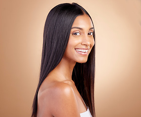 Image showing Beauty, smile and hair with portrait of woman in studio for shampoo, salon and hairstyle. Skincare, cosmetics and self care with face of female model on brown background for makeup, glow and spa