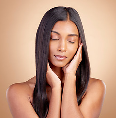 Image showing Beauty, relax and hair with face of woman in studio for shampoo, salon and hairstyle. Skincare, cosmetics and self care with female model on brown background for makeup, glow and spa treatment