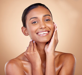 Image showing Portrait, skincare and woman with cosmetics, smile and dermatology on a brown studio background. Face detox, female person or model with makeup, shine or glow with luxury, self care or natural beauty