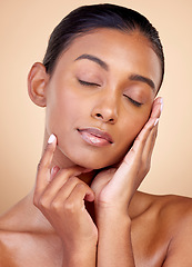 Image showing Relax, skincare or Indian woman with natural beauty or facial glow with dermatology cosmetics in studio. Eyes closed, wellness or face of calm girl model resting or sleeping with makeup or self love