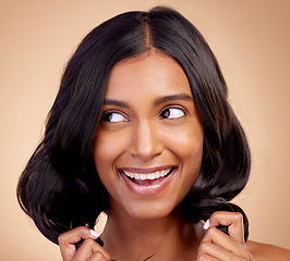 Image showing Beauty, smile and hair care with face of woman in studio for shampoo, salon and hairstyle. Skincare, cosmetics and growth with face of female model on brown background for makeup, glow and spa