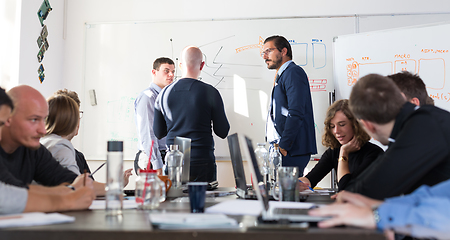 Image showing Relaxed informal IT business startup company team meeting.