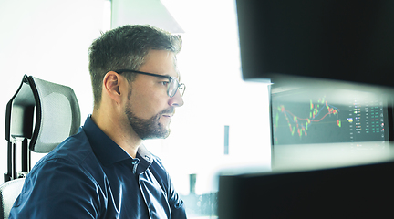 Image showing Stock broker trading online watching charts and data analyses on multiple computer screens.