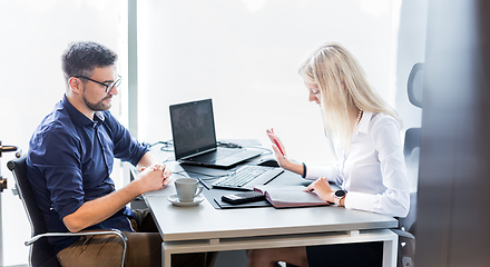 Image showing Business meeting. Client consulting. Confident business woman, real estate agent, financial advisor explaining details of project or financial product to client in office.