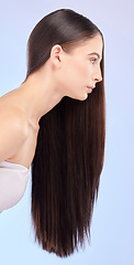 Image showing Hair care, salon and woman in profile for hairdresser, haircare treatment or style for beauty, cosmetics and shampoo with collagen. Luxury, extensions or girl in spa for growth, shine or haircut