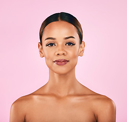 Image showing Skincare, natural beauty and portrait of woman with makeup, wellness and glow on pink background. Cosmetics, dermatology and model with luxury facial care results and healthy spa aesthetic in studio.