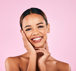 Image showing Skincare, cosmetics and portrait of happy woman with makeup, wellness and glow on pink background. Beauty, dermatology and model with smile, luxury facial care and healthy spa aesthetic in studio.
