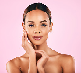 Image showing Skincare, makeup and portrait of woman with facial wellness, natural beauty and glow on pink background. Cosmetics, dermatology and model with luxury skin care and healthy spa aesthetic in studio.