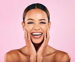 Image showing Skincare, beauty and portrait of happy woman with makeup, wellness and glow on pink background. Cosmetics, dermatology and model with smile on face, luxury facial care and healthy aesthetic in studio