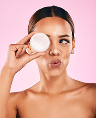 Image showing Beauty, cream and portrait of woman with skincare and cosmetics for facial care, dermatology or treatment on pink background. Face, happy and healthy girl with product, lotion or moisturizer on skin