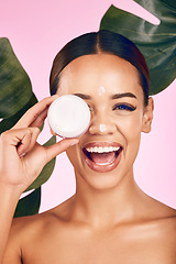Image showing Beauty, cream and happy portrait of woman with skincare and cosmetics for facial care, dermatology or treatment on background. Face, smile and healthy girl with product, lotion or moisturizer on skin