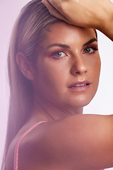 Image showing Makeup, portrait and young woman in a studio with a natural, glamour and beauty face routine. Cosmetic, attractive and female model from Canada with facial cosmetology isolated by a pink background.