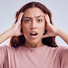 Image showing Wow, mistake and young woman in studio with hand on head for anxiety, stress or panic. Portrait and face of a shocked female model person on a white background with doubt, worry and problem or fail
