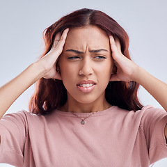 Image showing Woman, pain and headache, stress or health problem with brain fog or anxiety isolated on white background. Crisis, disaster and female person with a migraine, sick and dizzy with fatigue in studio