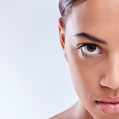 Image showing Portrait, mockup or woman with natural beauty or wellness in studio isolated on white background. Dermatology, advertising space or face of girl model with facial skincare cosmetics or glowing shine