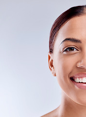 Image showing Portrait, mockup or happy woman with natural beauty or wellness in studio isolated on white background. Dermatology, advertising space or face of model with facial skincare cosmetics or glowing shine