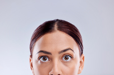 Image showing Half face, beauty and skincare of woman in studio isolated on a white background mockup space. Portrait, natural and model with cosmetics in facial treatment for healthy skin, aesthetic and wellness