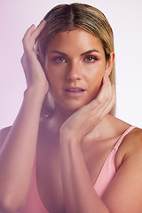 Image showing Cosmetic, makeup and portrait of woman in a studio with a natural, glamour and luxury face routine. Beauty, attractive and female model from Canada with facial cosmetology isolated by pink background