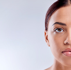 Image showing Portrait, mockup or girl with natural beauty or wellness in studio isolated on white background. Dermatology, advertising space or face of woman model with facial skincare cosmetics or glowing shine