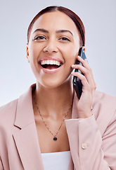 Image showing Portrait, phone call and funny woman in communication in studio isolated on a white background. Face, smartphone and happy person in business conversation, talking and laugh at contact in discussion