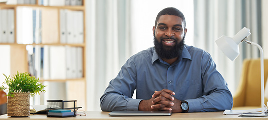 Image showing Portrait of black man in office, desk smile with professional consulting and lawyer at advisory agency. Consultant, law firm attorney or happy and expert businessman in trust at workplace in Africa