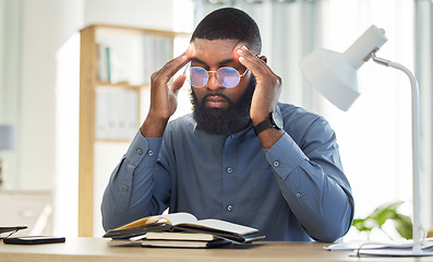 Image showing Headache, notebook or black man frustrated with stress, burnout or depression in office with glasses. Migraine, head pain or depressed businessman worried by mistake, tax risk or financial crisis