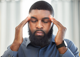 Image showing Business, pain and black man with a headache, burnout and audit deadline with health problem, emergency and stress. Male person, employee and consultant with a migraine, medical issue and overworked