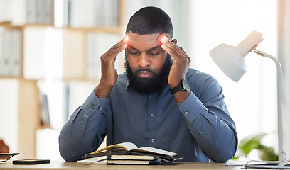 Image showing Business, health and black man with a headache, burnout and audit deadline with emergency overworked and suffering with pain. Male person, employee and migraine with medical issue, office and stress