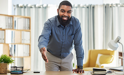 Image showing Black man, open handshake or portrait of businessman for welcome, deal or onboarding in office. Hand gesture, CEO or human resources manager with respect, hiring opportunity or partnership agreement