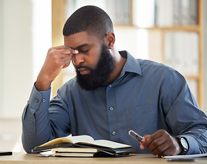 Image showing Corporate, stress and black man with a headache, burnout and audit deadline with health problem, overworked and fatigue. Male person, tired and employee with a migraine, medical issue and emergency