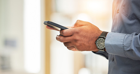 Image showing Hands, business man and search smartphone with social network, mobile website and internet contact. Closeup of office worker, cellphone user and reading corporate news app while typing information